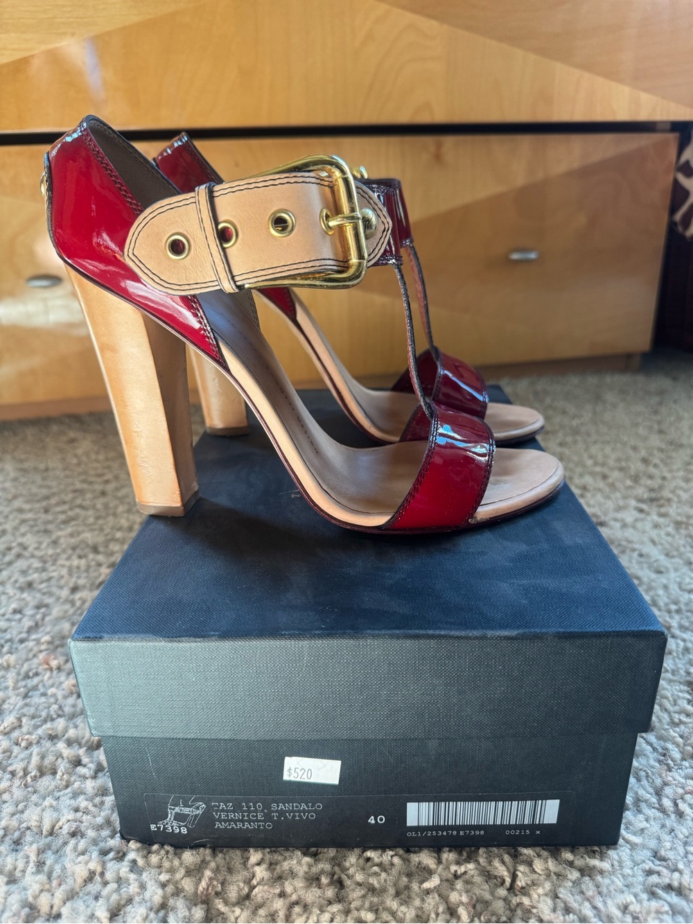 Giuseppe Zanotti Red Patent Leather T-Strap Heels with Gold Buckle